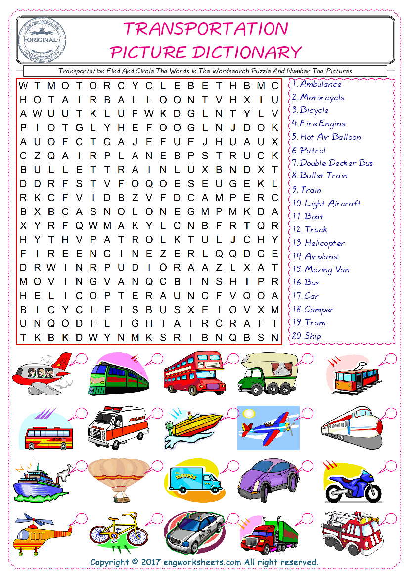  ESL wordsearch worksheets for kids, find Transportation words in the word wordsearch write its number on its picture English worksheet. 